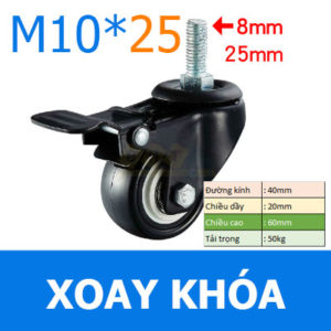 banh xe pvc den trang d40 coc ren m10x25 xoay khoa gia re