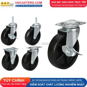 Bánh xe nhựa PP đen không bi càng thép mặt bích tải nhẹ ROX-001-PP-BL-F