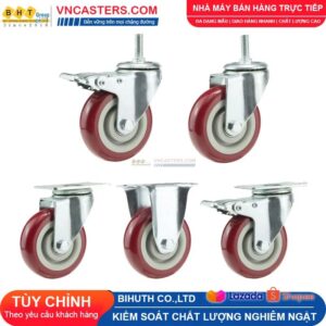 Bánh xe PVC mận đỏ bi đôi càng thép mặt bích tải nhẹ ROX-005-PVC-PR-F