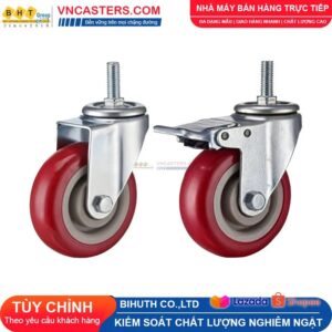 Bánh xe PVC mận đỏ bi đôi càng thép cọc ren tải nhẹ ROX-005-PVC-PR-S