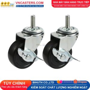 Bánh xe Cao su đen không bi càng thép cọc ren tải nhẹ ROX-002-RB-BL-S