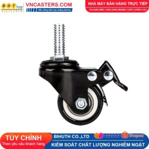Bánh xe PVC đen viền bi đôi càng thép cọc ren tải nhẹ ROX-004-PVC-BL-S