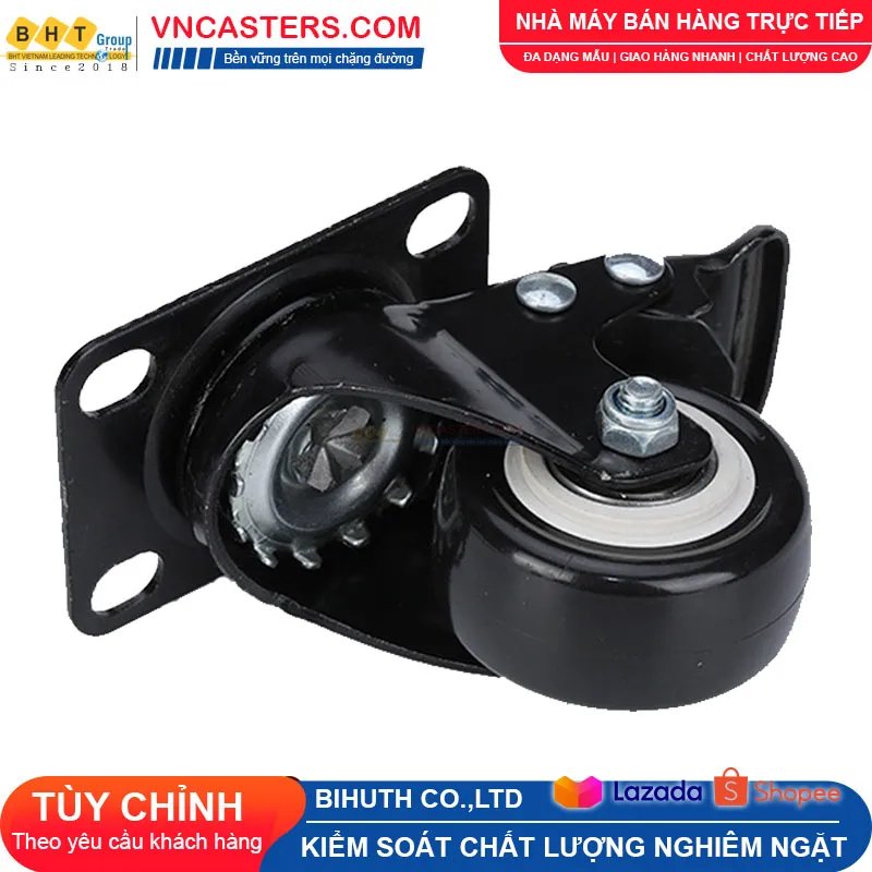 Bánh xe PVC đen viền bi đôi càng thép mặt bích tải nhẹ ROX-004-PVC-BL-F 2 Bánh xe PVC đen viền bi đôi càng thép mặt bích tải nhẹ ROX-004-PVC-BL-F