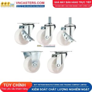 Bánh xe nhựa PP trắng không bi càng thép mặt bích tải nhẹ ROX-001-PP-WT-F