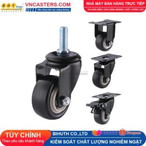 Bánh xe PVC đen viền bi đôi càng thép cọc ren tải nhẹ ROX-004-PVC-BL-S