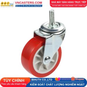 Bánh xe PVC đỏ không bi càng thép cọc ren tải nhẹ ROX-003-PVC-RE-S