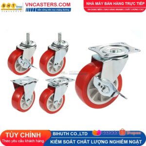 Bánh xe PVC đỏ không bi càng thép mặt bích tải nhẹ ROX-003-PVC-RE-F
