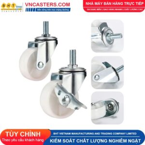 Bánh xe nhựa PP trắng không bi càng thép cọc ren tải nhẹ ROX-001-PP-WT-S