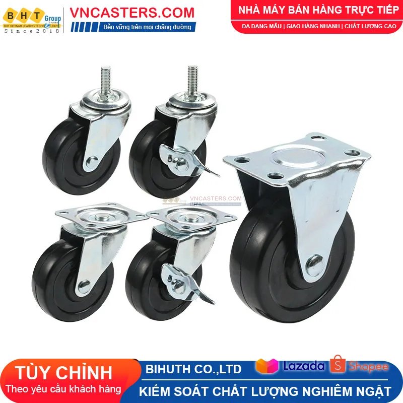 Bánh xe Cao su đen không bi càng thép mặt bích tải nhẹ ROX-002-RB-BL-F 4 Bánh xe Cao su đen không bi càng thép mặt bích tải nhẹ ROX-002-RB-BL-F