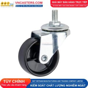 Bánh xe nhựa PP đen không bi càng thép cọc ren tải nhẹ ROX-001-PP-BL-S