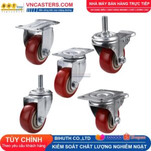 Bánh xe PVC mận đỏ bi đôi càng thép cọc ren tải nhẹ ROX-005-PVC-PR-S