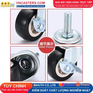 Bánh xe PVC đen không bi càng thép cọc ren tải nhẹ ROX-003-PVC-BL-S