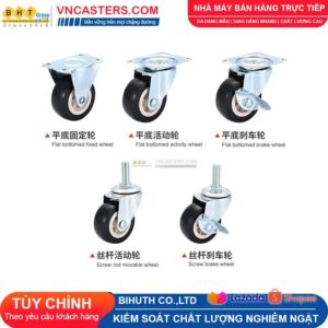 Bánh xe PVC đen không bi càng thép cọc ren tải nhẹ ROX-003-PVC-BL-S