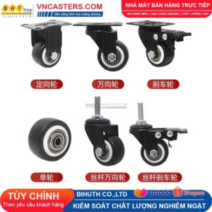 Bánh xe PVC đen viền bi đôi càng thép cọc ren tải nhẹ ROX-004-PVC-BL-S