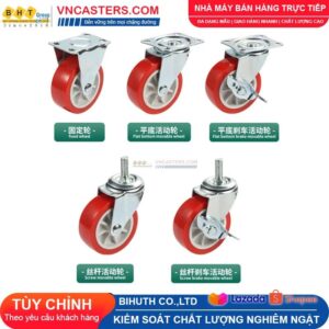 Bánh xe PVC đỏ không bi càng thép cọc ren tải nhẹ ROX-003-PVC-RE-S
