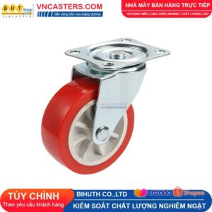 Bánh xe PVC đỏ không bi càng thép mặt bích tải nhẹ ROX-003-PVC-RE-F