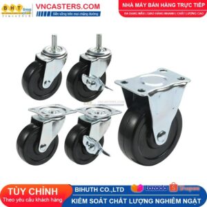 Bánh xe Cao su đen không bi càng thép cọc ren tải nhẹ ROX-002-RB-BL-S