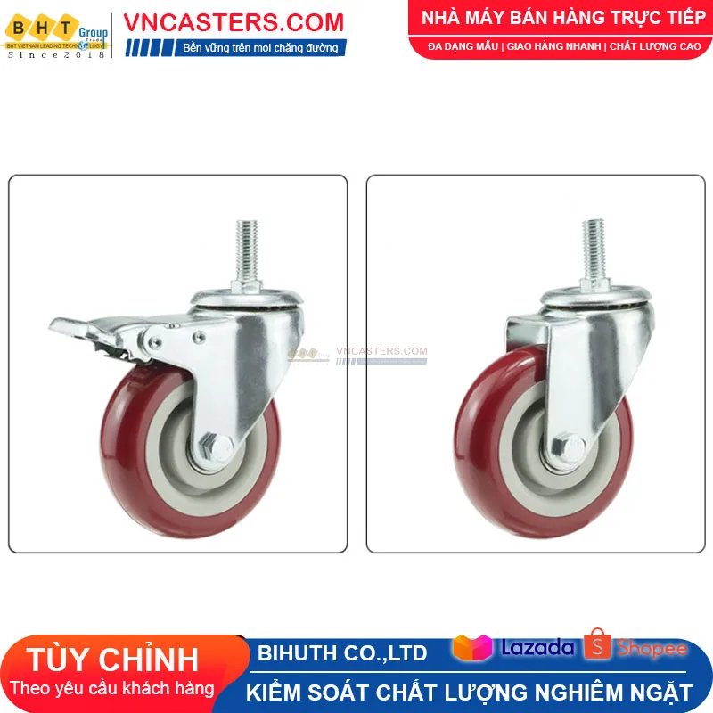 Bánh xe PVC mận đỏ bi đôi càng thép mặt bích tải nhẹ ROX-005-PVC-PR-F 6 Bánh xe PVC mận đỏ bi đôi càng thép mặt bích tải nhẹ ROX-005-PVC-PR-F