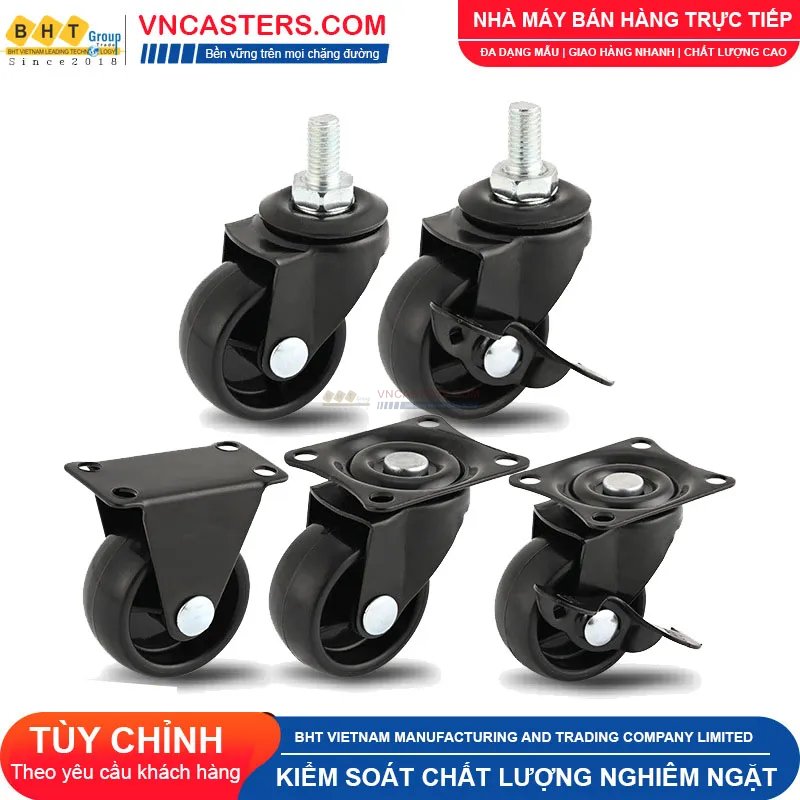 Bánh xe nhựa PP đen không bi càng thép mặt bích tải nhẹ ROX-001-PP-BL-F 10 Bánh xe nhựa PP đen không bi càng thép mặt bích tải nhẹ ROX-001-PP-BL-F