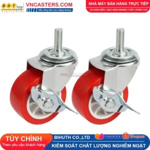 Bánh xe PVC đỏ không bi càng thép cọc ren tải nhẹ ROX-003-PVC-RE-S